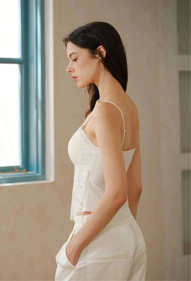 Lace Camisole Tank Top with Stretch Fit and Open Back Style-White / L