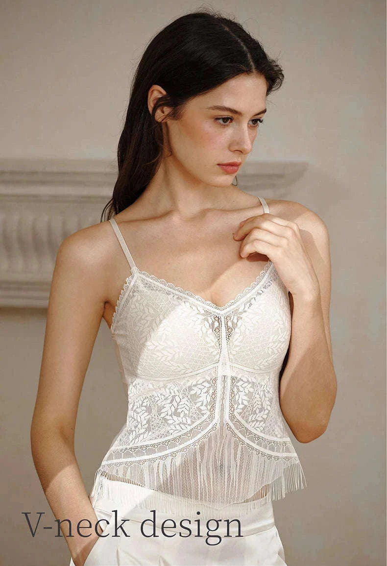 Lace Camisole Tank Top with Stretch Fit and Open Back Style-White / L