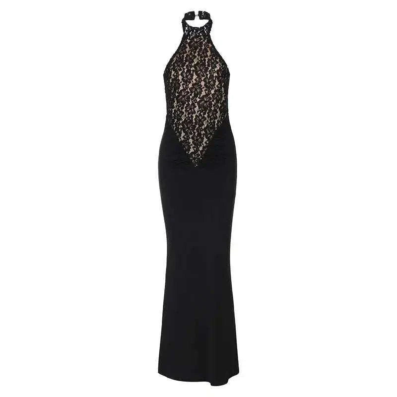 Lace Halter Backless Dress for Women-Brown / XS