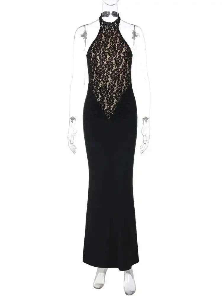 Lace Halter Backless Dress for Women-Brown / XS