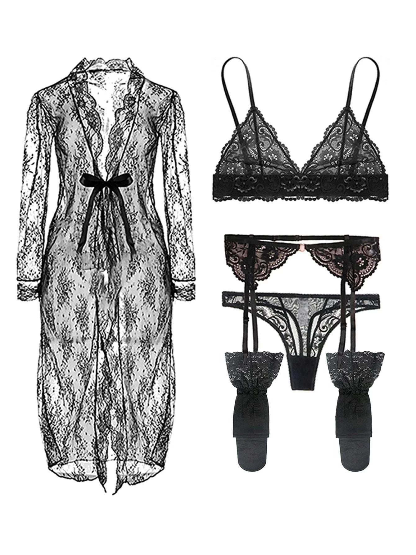 Lace Lingerie Set for Women – Bra, Panty, Garter & Stockings-