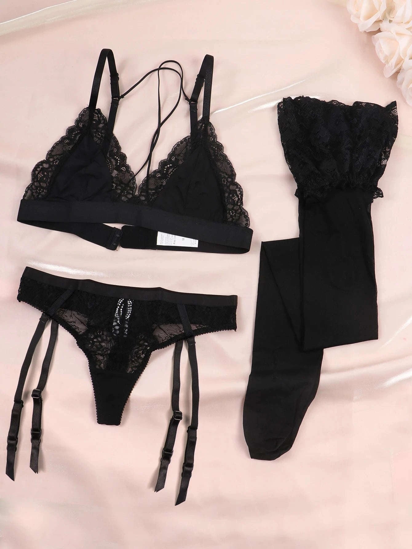 Lace Lingerie Set for Women – Bra, Panty, Garter & Stockings-Red / S