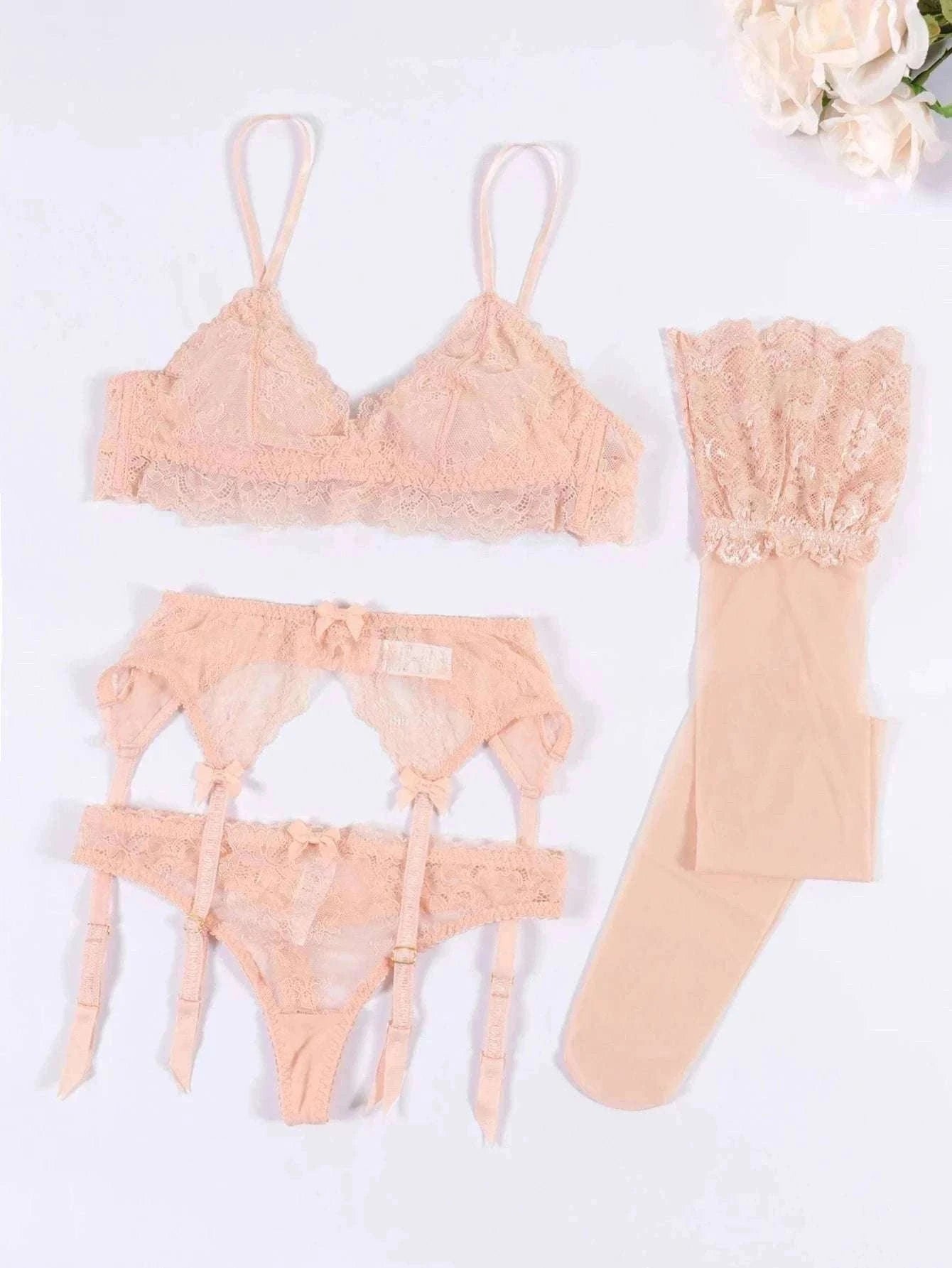 Lace Lingerie Set for Women with Bra, Panty, Garter & Stockings-Red / S
