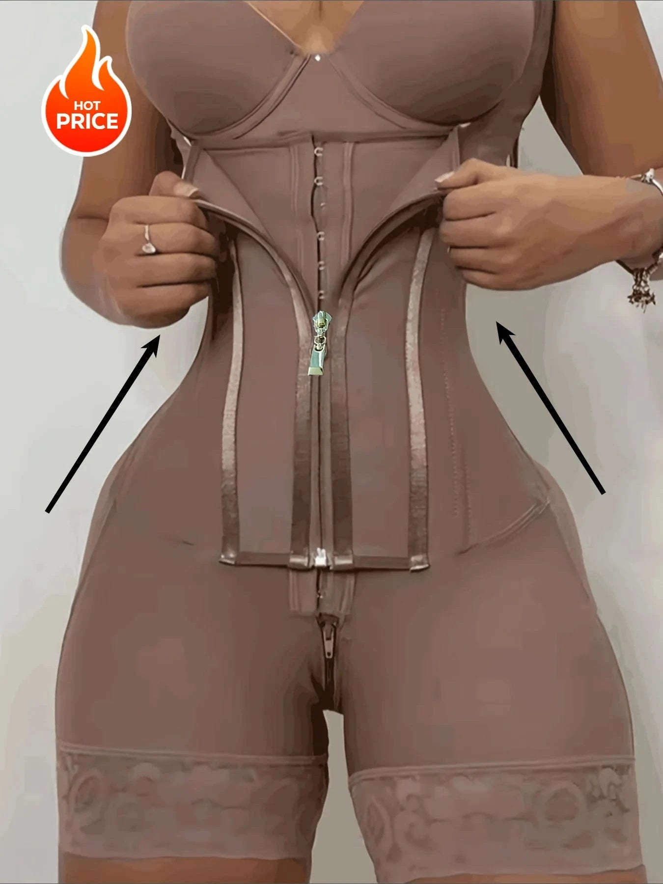 Lace Trim Shapewear Bodysuit with Tummy Control & Zipper-black / S / United States