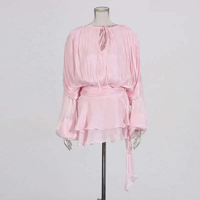 Lace-Up Patchwork Mini Dress-LIGHTPINK / S