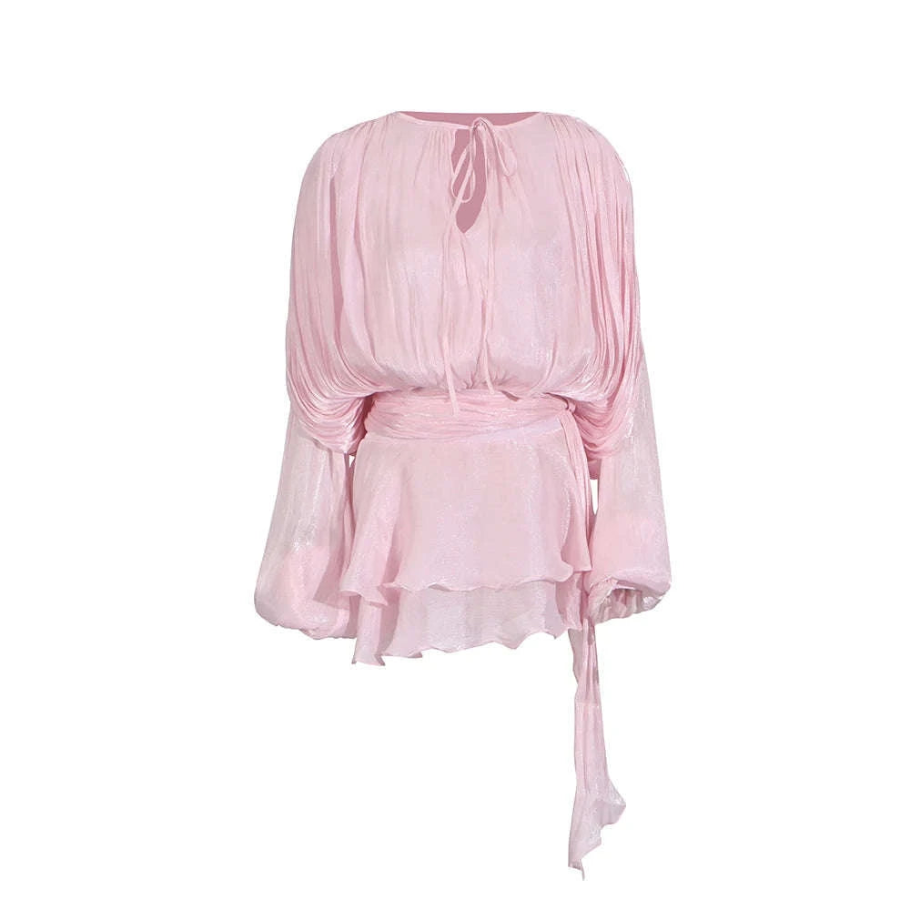 Lace-Up Patchwork Mini Dress-LIGHTPINK / S