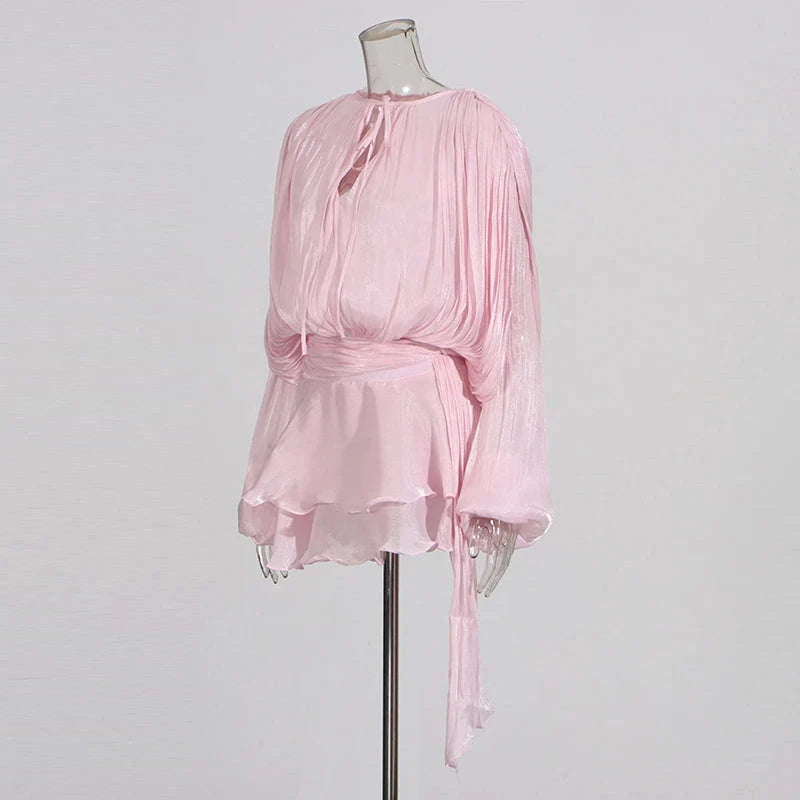 Lace-Up Patchwork Mini Dress-LIGHTPINK / S