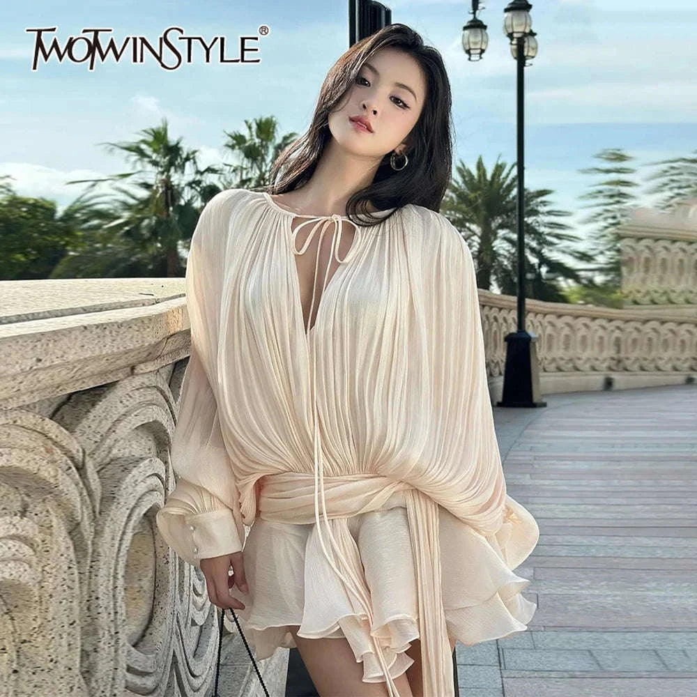 Lace-Up Patchwork Mini Dress-LIGHTPINK / S