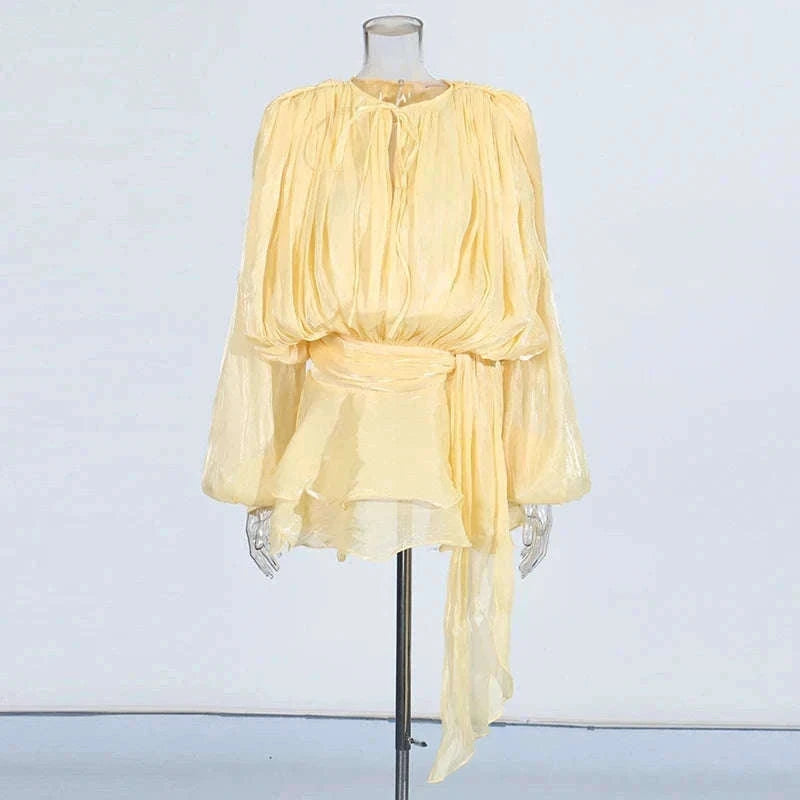Lace-Up Patchwork Mini Dress with Long Sleeves-LIGHTPINK / S