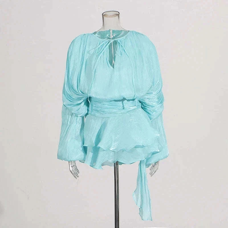 Lace-Up Patchwork Mini Dress with Long Sleeves-LIGHTPINK / S