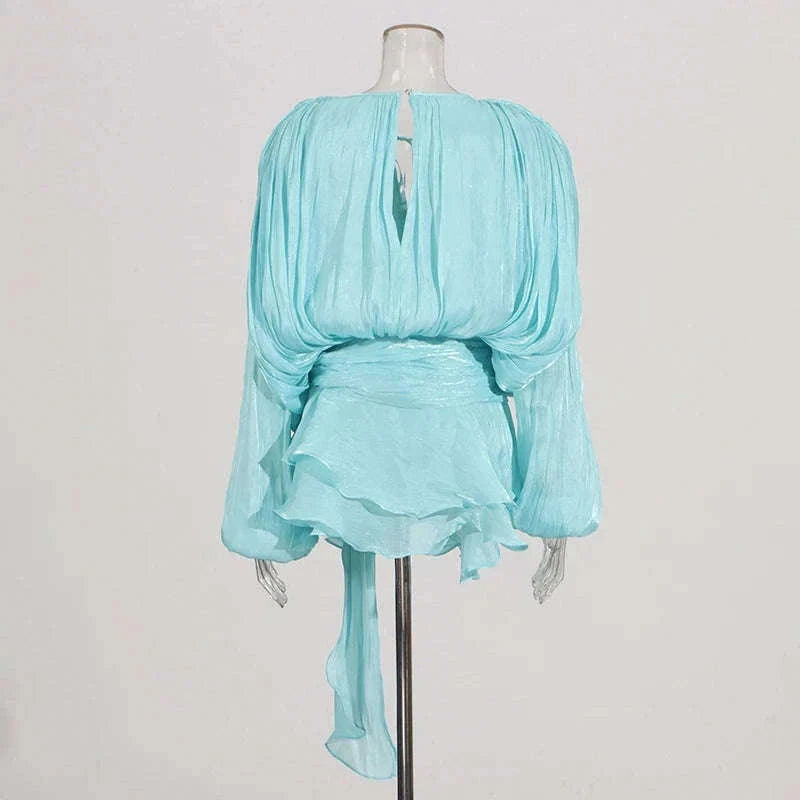 Lace-Up Patchwork Mini Dress with Long Sleeves-LIGHTPINK / S