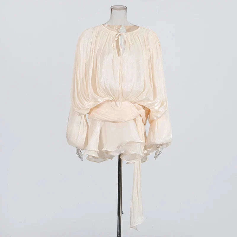 Lace-Up Patchwork Mini Dress with Long Sleeves-LIGHTPINK / S