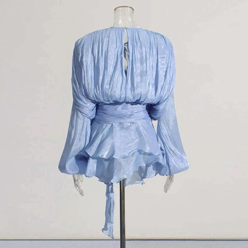 Lace-Up Patchwork Mini Dress with Long Sleeves-LIGHTPINK / S