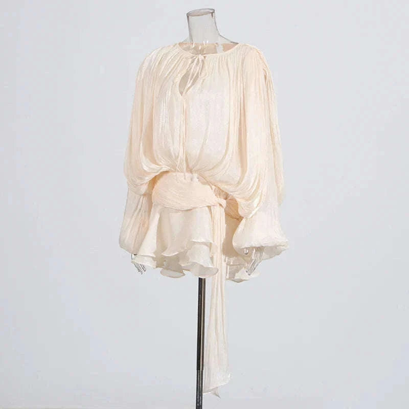 Lace-Up Patchwork Mini Dress with Long Sleeves-LIGHTPINK / S
