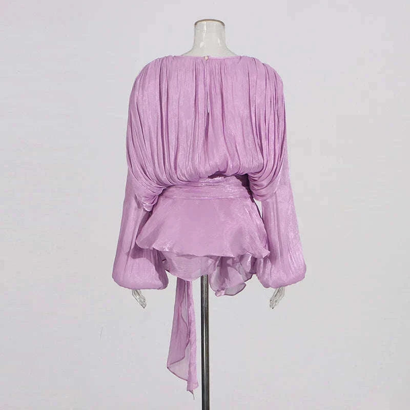 Lace-Up Patchwork Mini Dress with Long Sleeves-LIGHTPINK / S