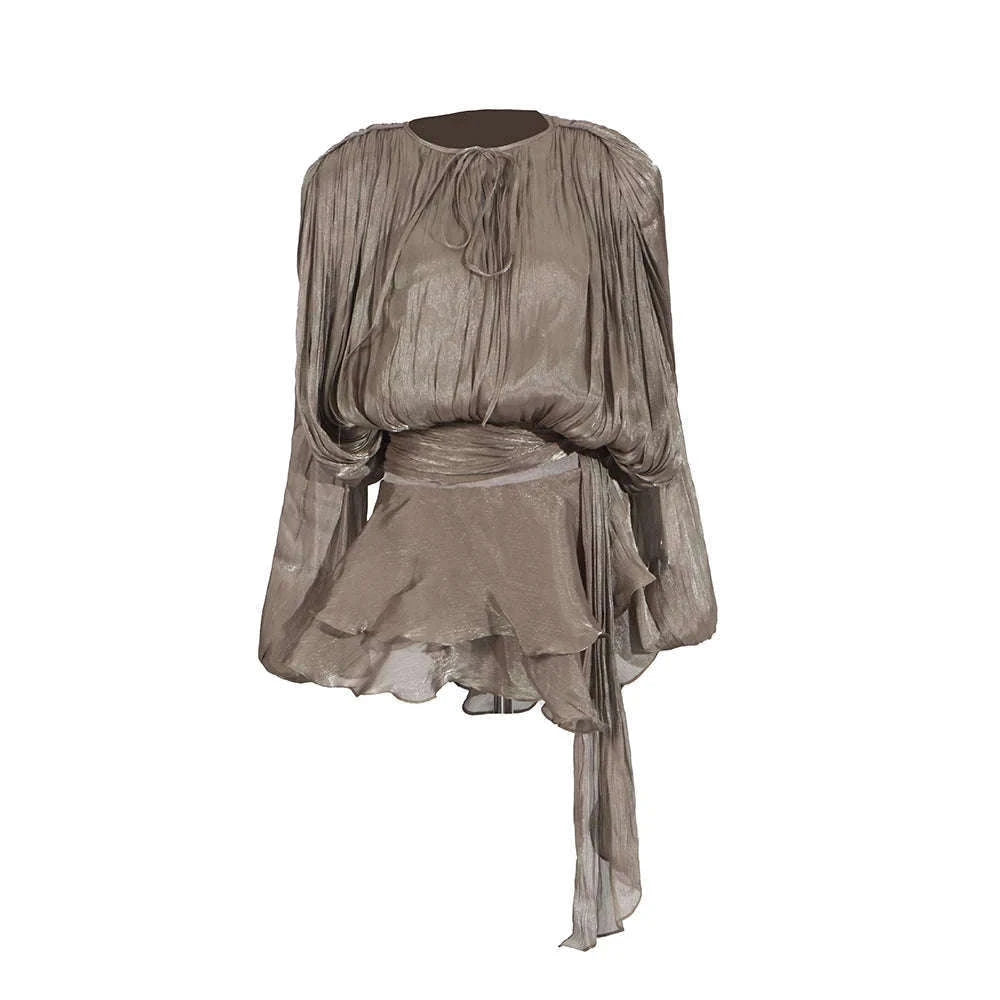 Lace-Up Patchwork Mini Dress with Long Sleeves-LIGHTPINK / S