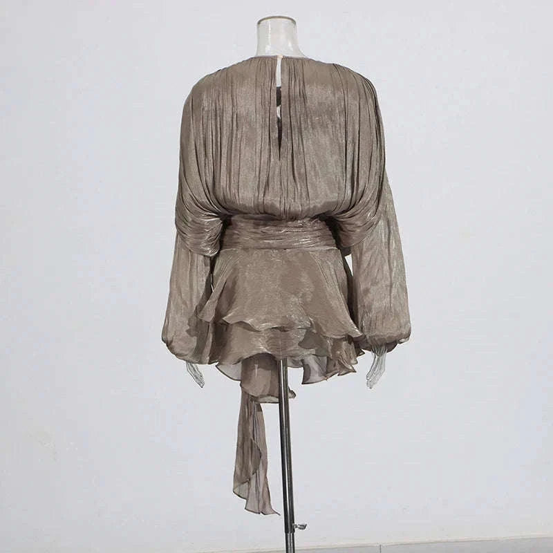Lace-Up Patchwork Mini Dress with Long Sleeves-LIGHTPINK / S