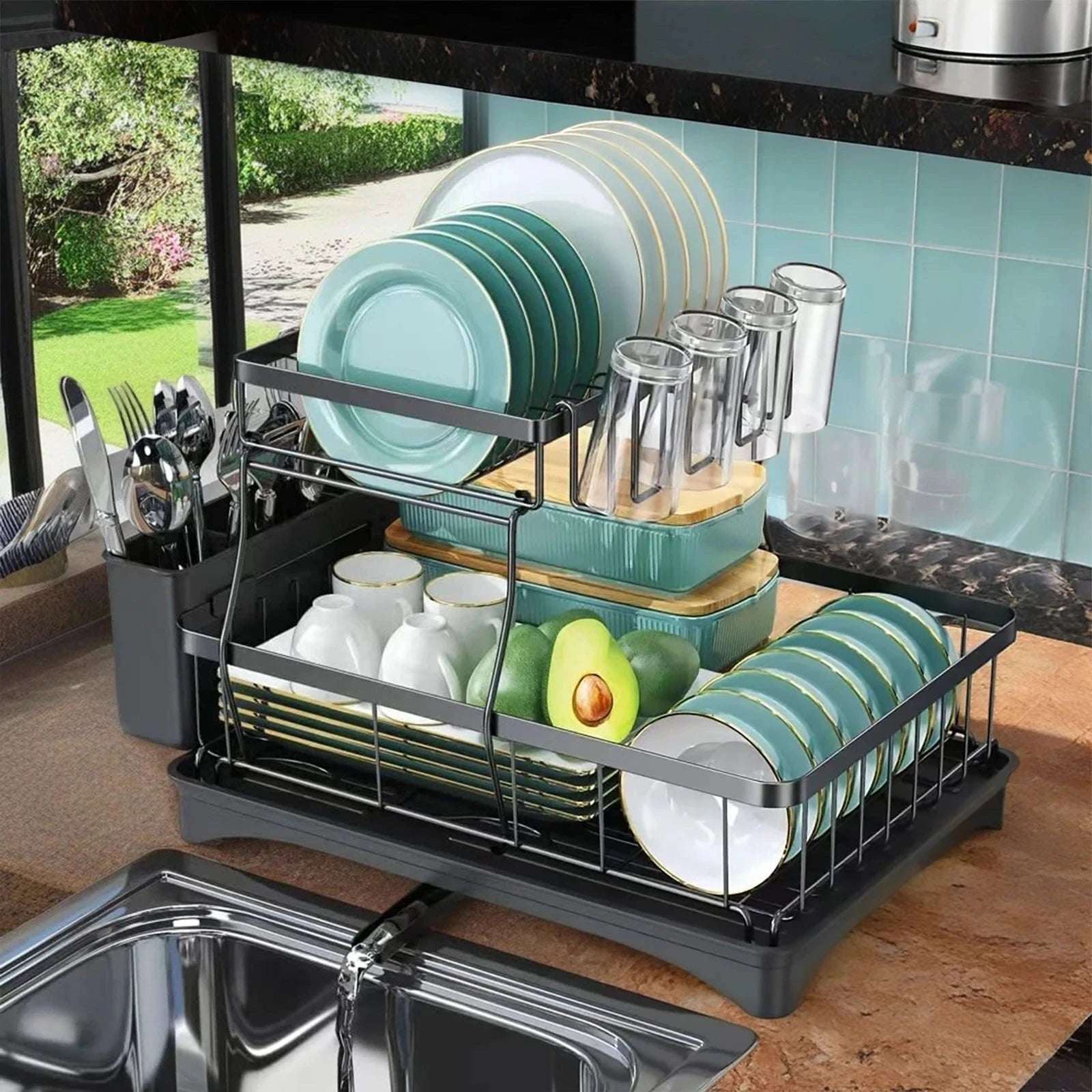Large 2-Tier Dish Drying Rack for Kitchen Countertops-Black / spain / 2-tier