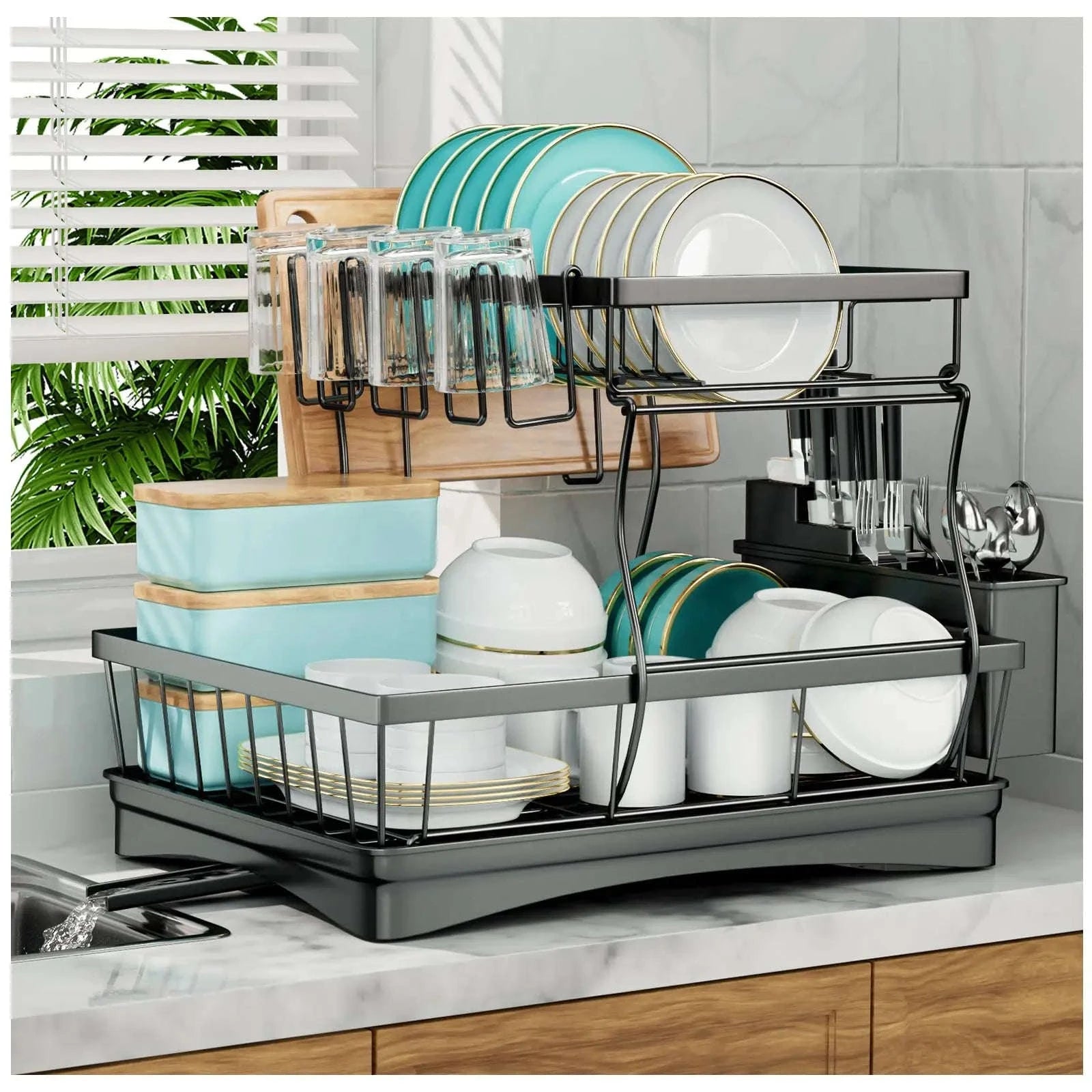 Large 2-Tier Dish Drying Rack for Kitchen Countertops-Black / spain / 2-tier