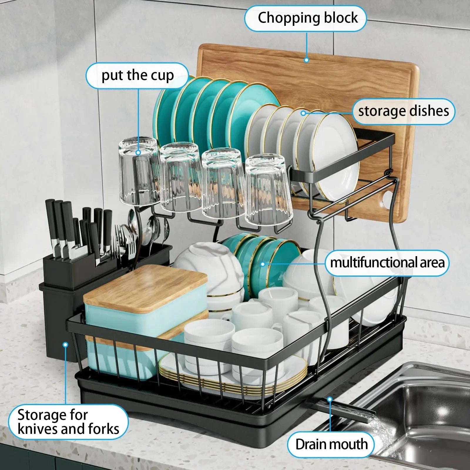 Large 2-Tier Dish Drying Rack for Kitchen Countertops-Black / spain / 2-tier