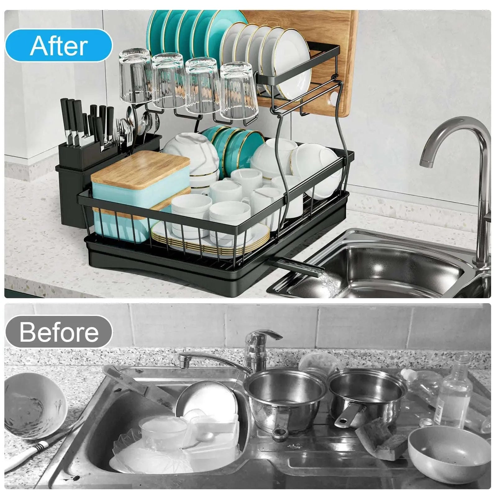 Large 2-Tier Dish Drying Rack for Kitchen Countertops-Black / spain / 2-tier