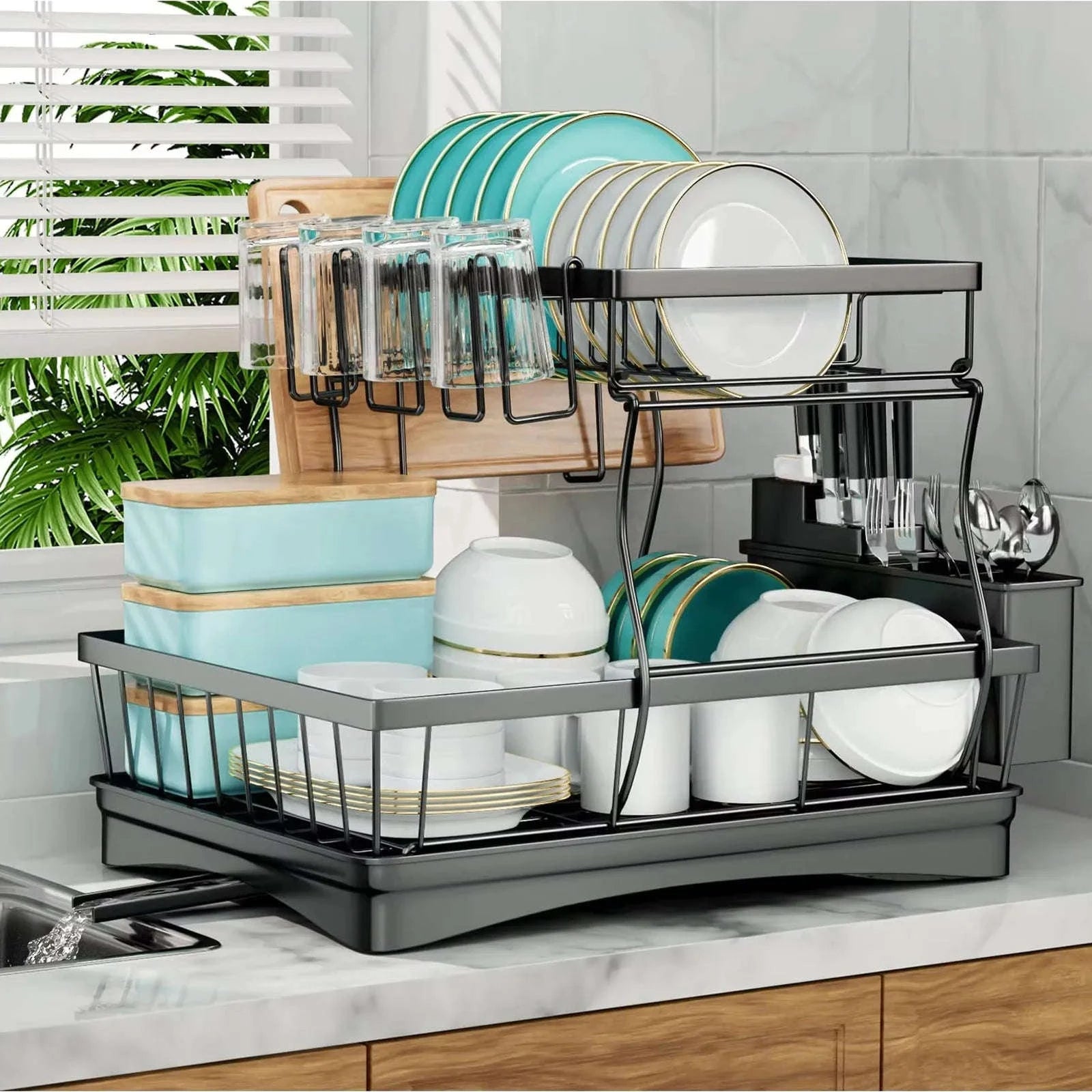 Large 2-Tier Dish Drying Rack for Kitchen Countertops-Black / spain / 2-tier