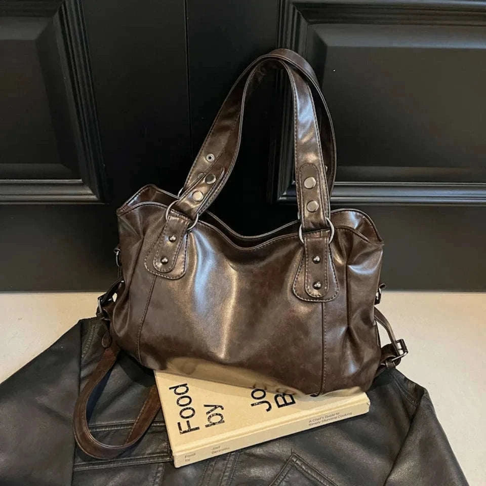 Large Capacity Vintage Style Shoulder Tote Bag with Crossbody Strap-Brown