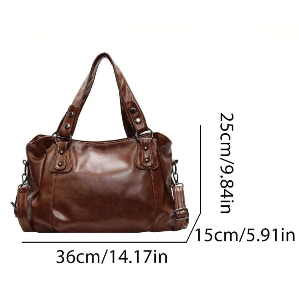 Large Capacity Vintage Style Shoulder Tote Bag with Crossbody Strap-Brown