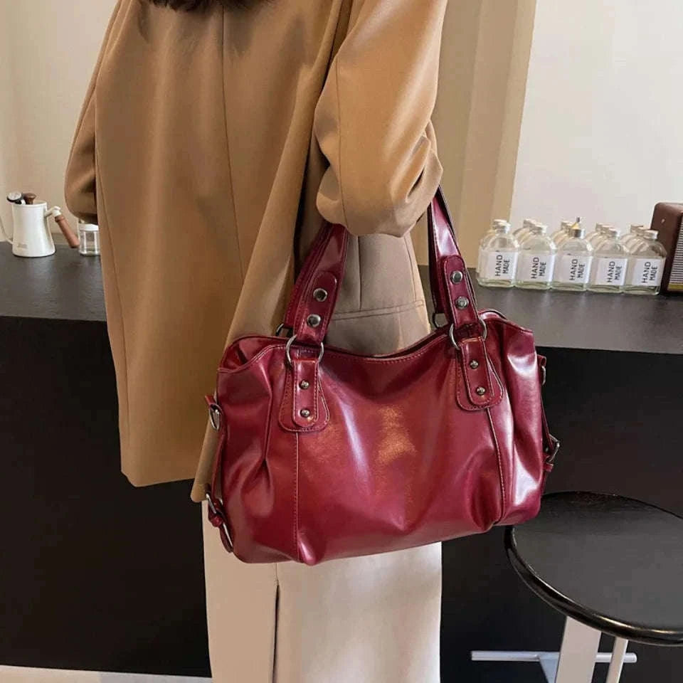 Large Capacity Vintage Style Shoulder Tote Bag with Crossbody Strap-Brown