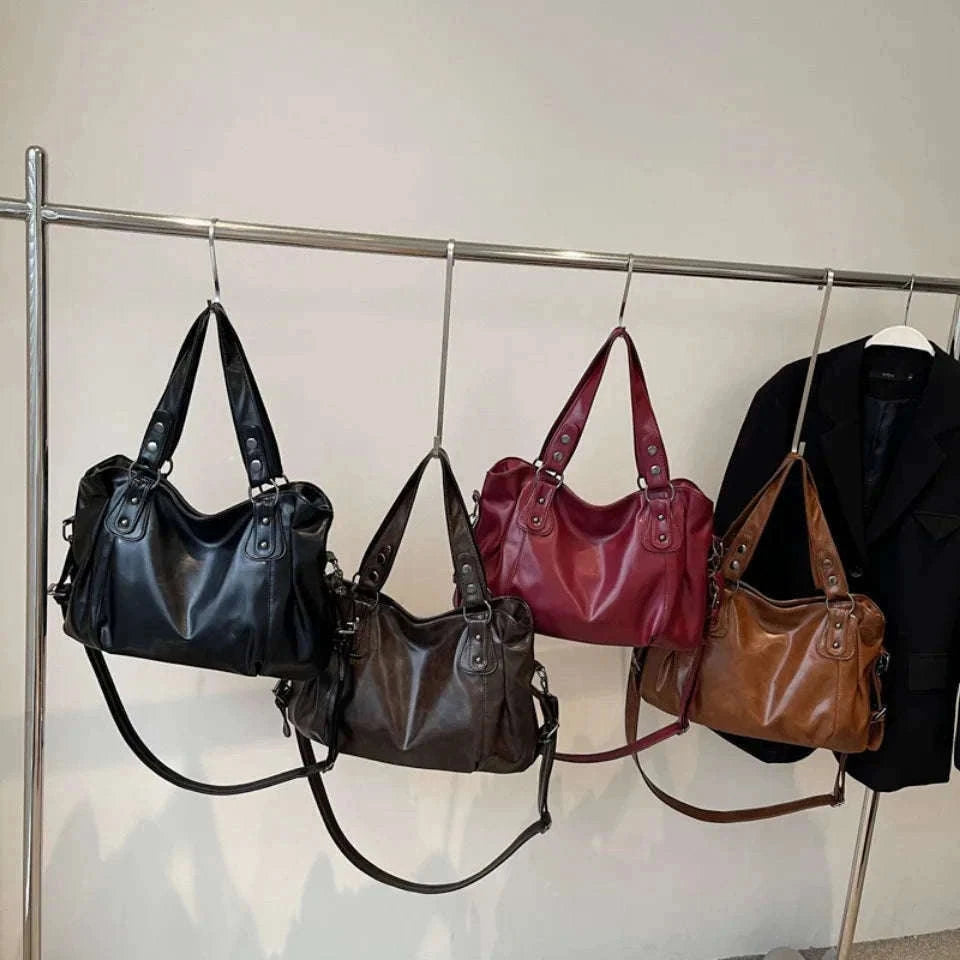 Large Capacity Vintage Style Shoulder Tote Bag with Crossbody Strap-Brown