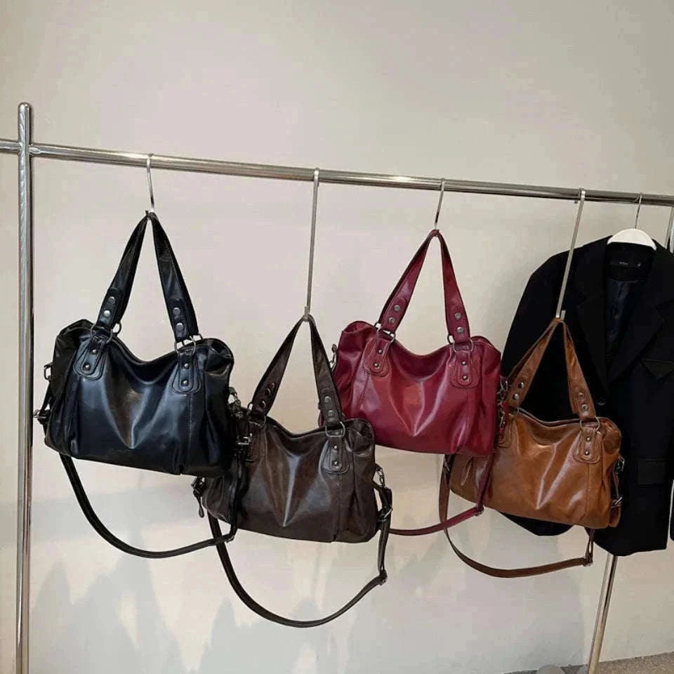 Large Capacity Vintage Style Shoulder Tote Bag with Crossbody Strap-Brown