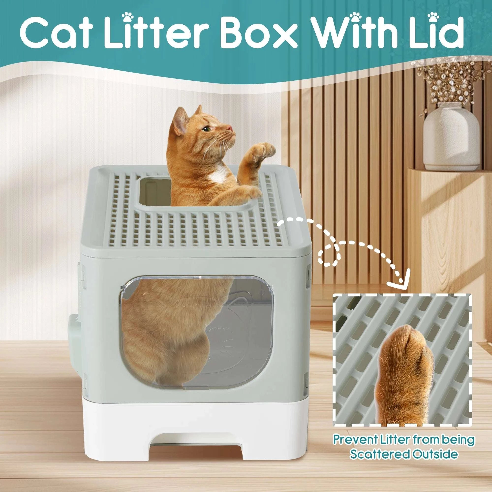 Large Covered Cat Litter Box with Lid and Scoop, 23.6" Foldable Design-Pink / United States