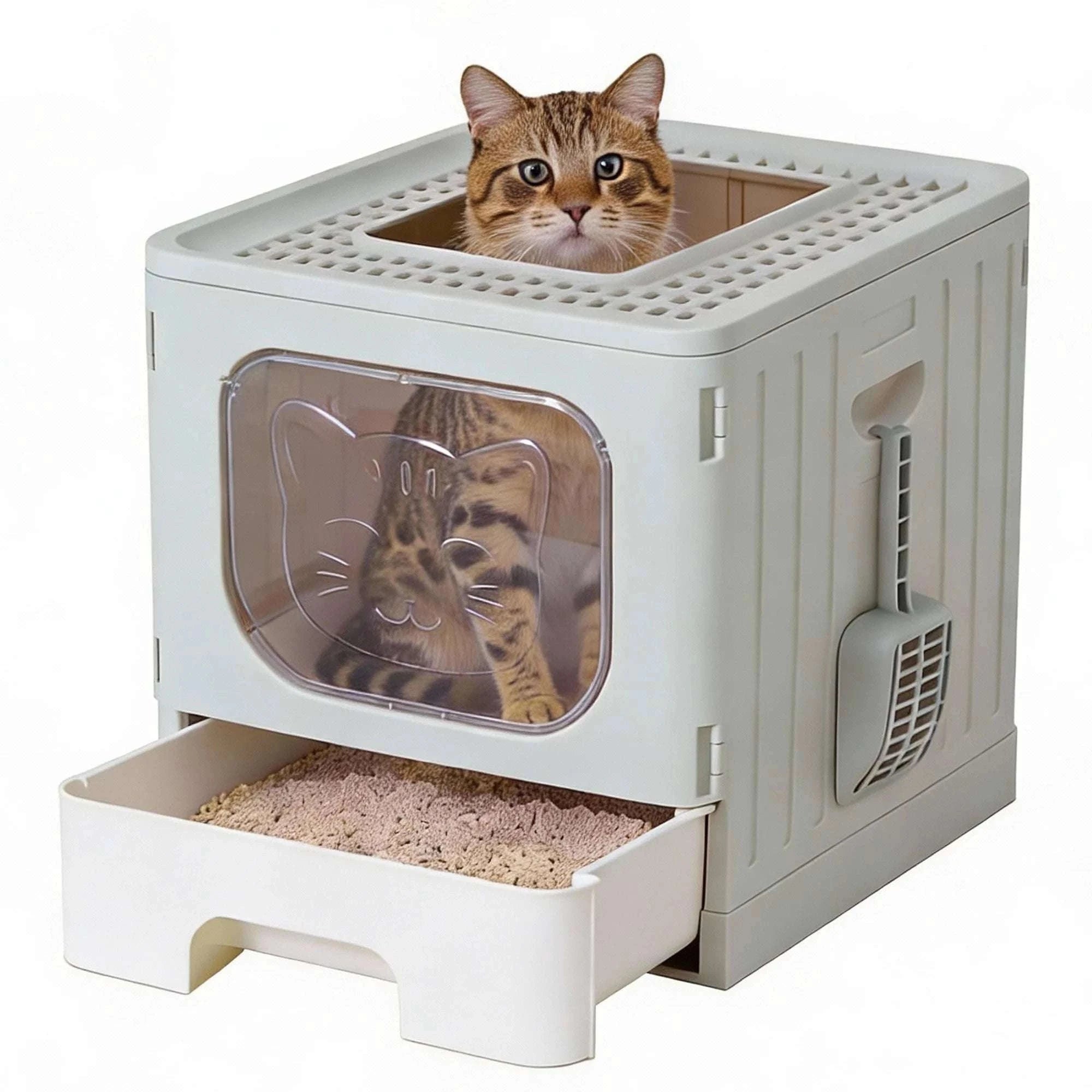 Large Covered Cat Litter Box with Lid and Scoop, 23.6" Foldable Design-Pink / United States