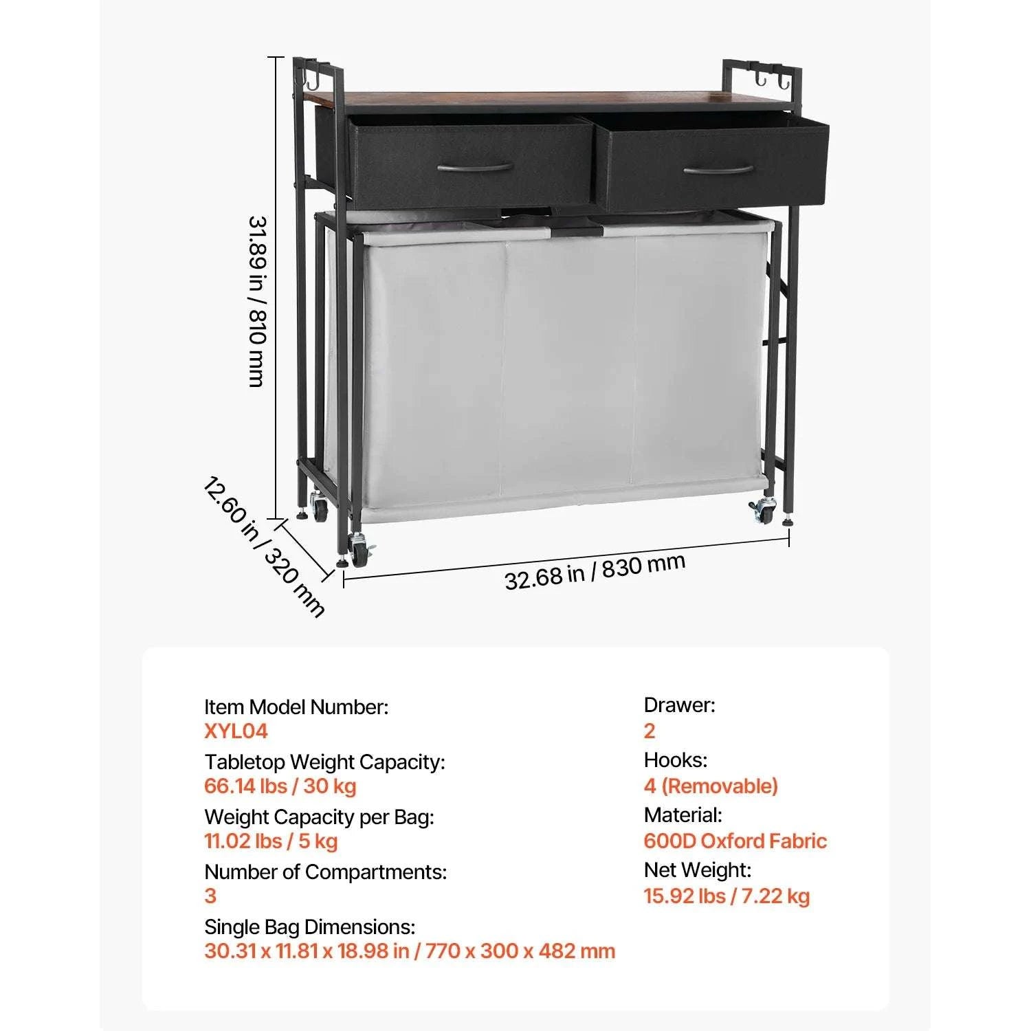 Large Laundry Sorter with Metal Frame & Pull-Out Bags-3 Compartments TypeA / United States