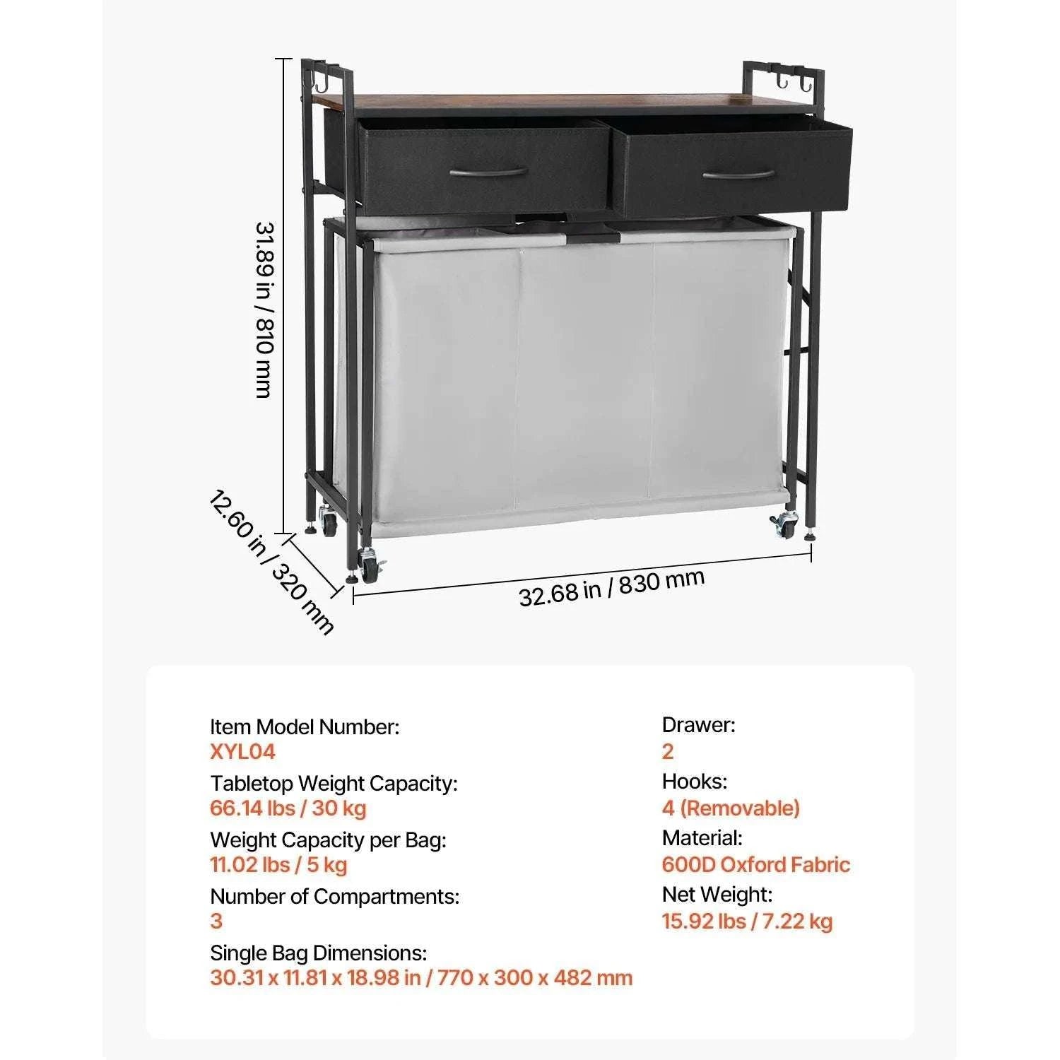Large Laundry Sorter with Metal Frame & Pull-Out Bags-3 Compartments TypeA / United States