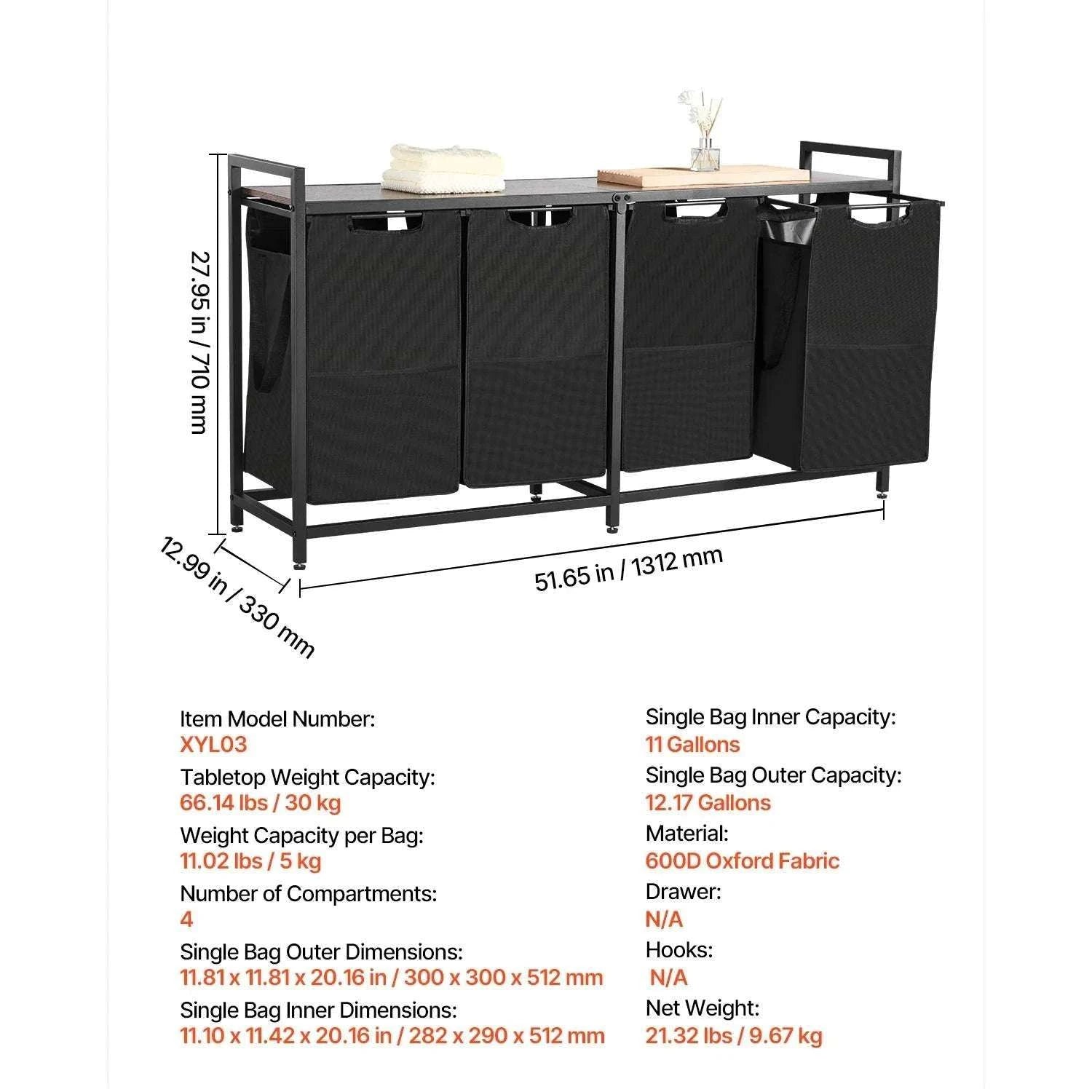 Large Laundry Sorter with Metal Frame & Pull-Out Bags-3 Compartments TypeA / United States
