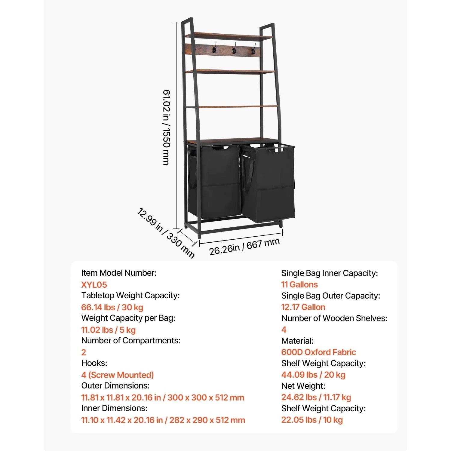 Large Laundry Sorter with Metal Frame & Pull-Out Bags-3 Compartments TypeA / United States