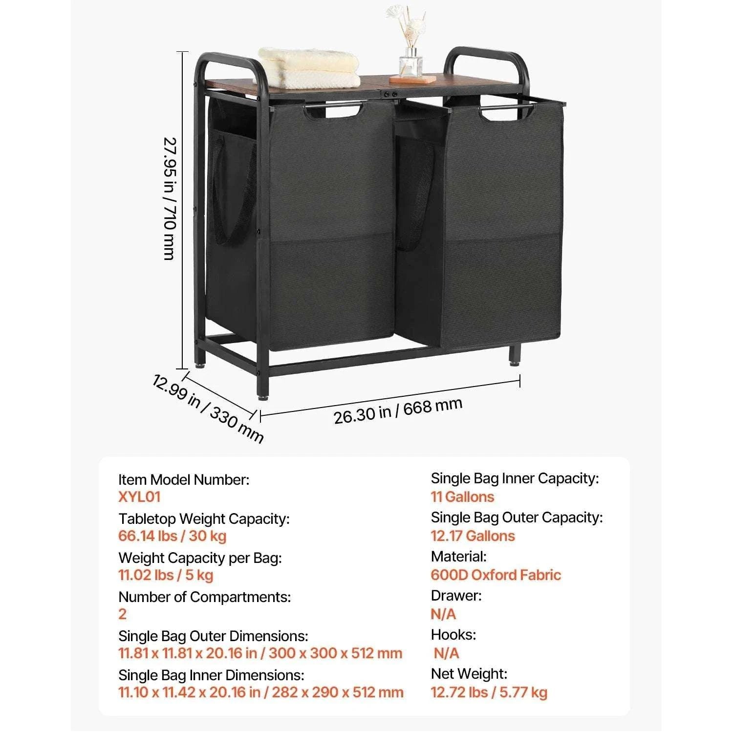 Large Laundry Sorter with Metal Frame & Pull-Out Bags-3 Compartments TypeA / United States