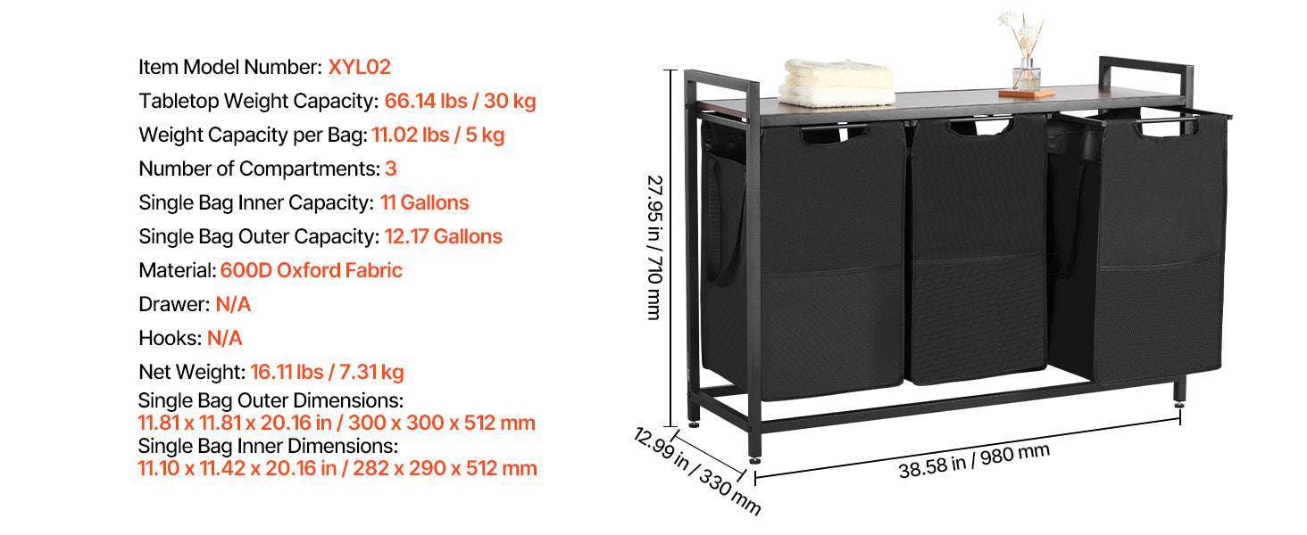 Large Laundry Sorter with Metal Frame & Pull-Out Bags-3 Compartments TypeA / United States