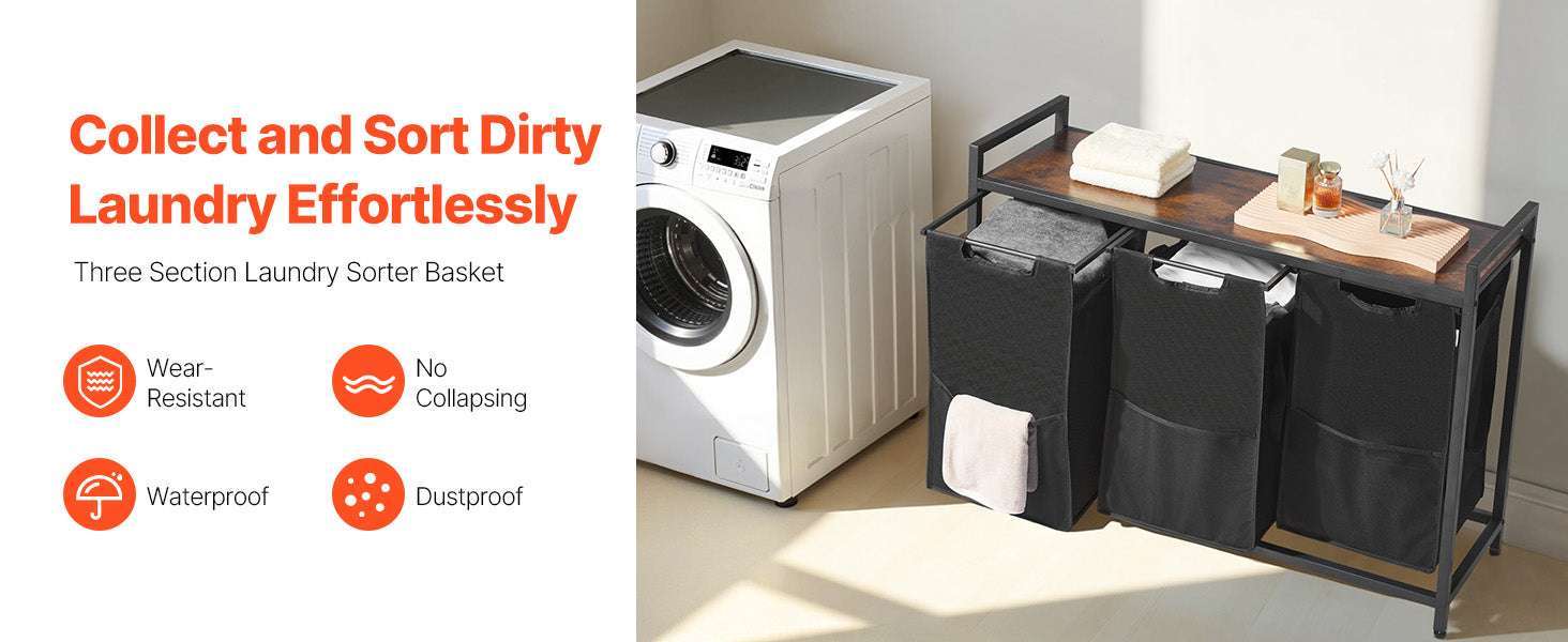 Large Laundry Sorter with Metal Frame & Pull-Out Bags-3 Compartments TypeA / United States