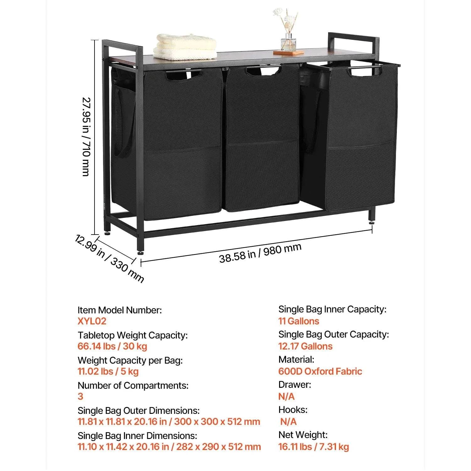 Large Laundry Sorter with Metal Frame & Pull-Out Bags-3 Compartments TypeA / United States