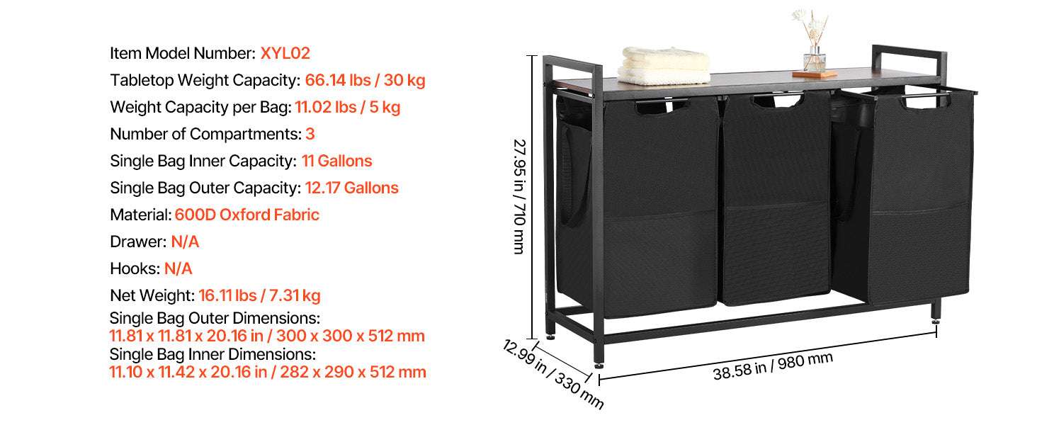 Large Laundry Sorter with Metal Frame & Pull-Out Bags-3 Compartments TypeA / United States