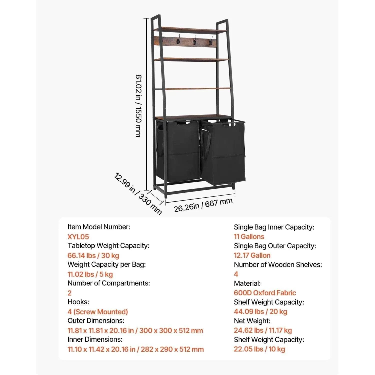 Large Laundry Sorter with Metal Frame & Pull-Out Bags-3 Compartments TypeA / United States