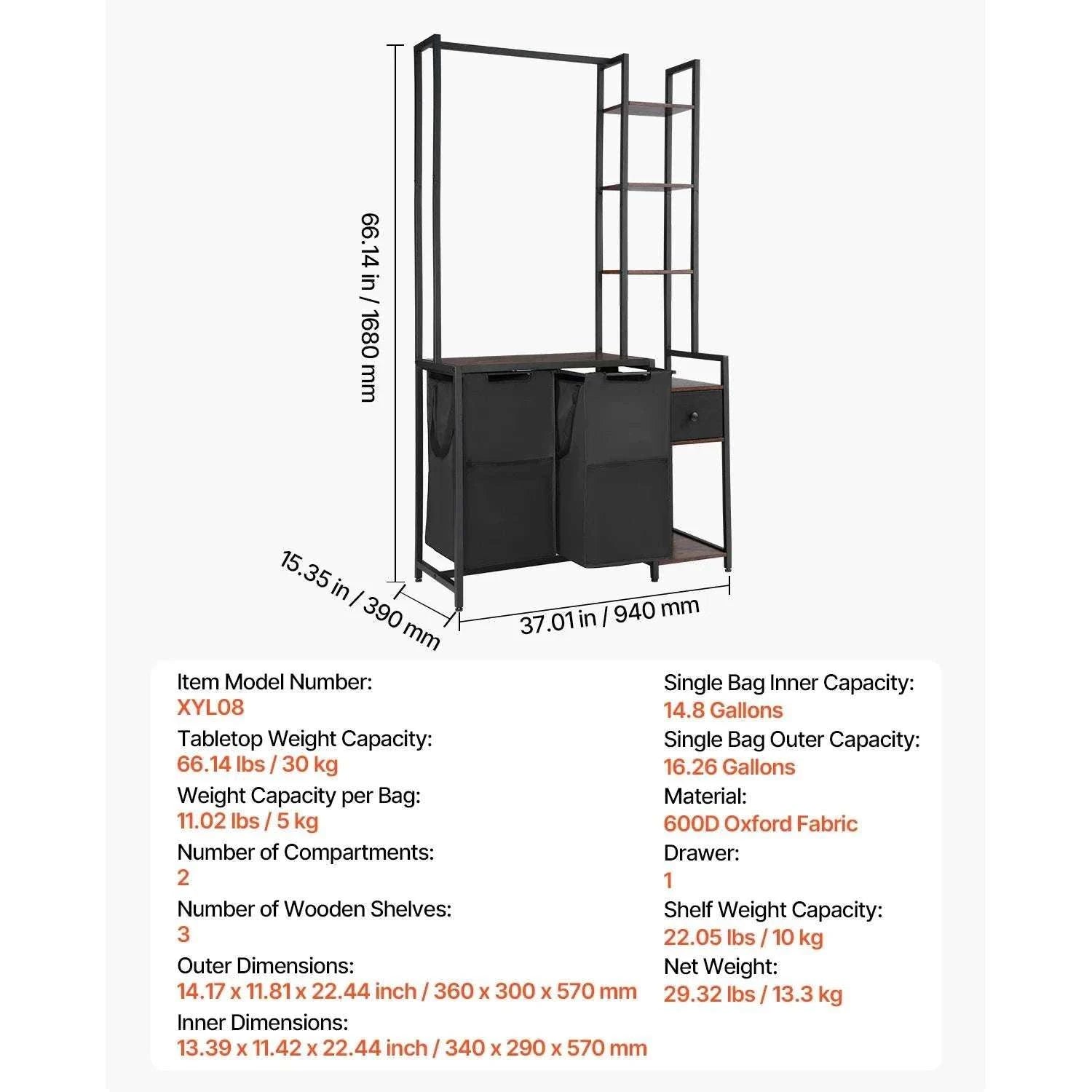 Large Laundry Sorter with Metal Frame & Pull-Out Bags-3 Compartments TypeA / United States