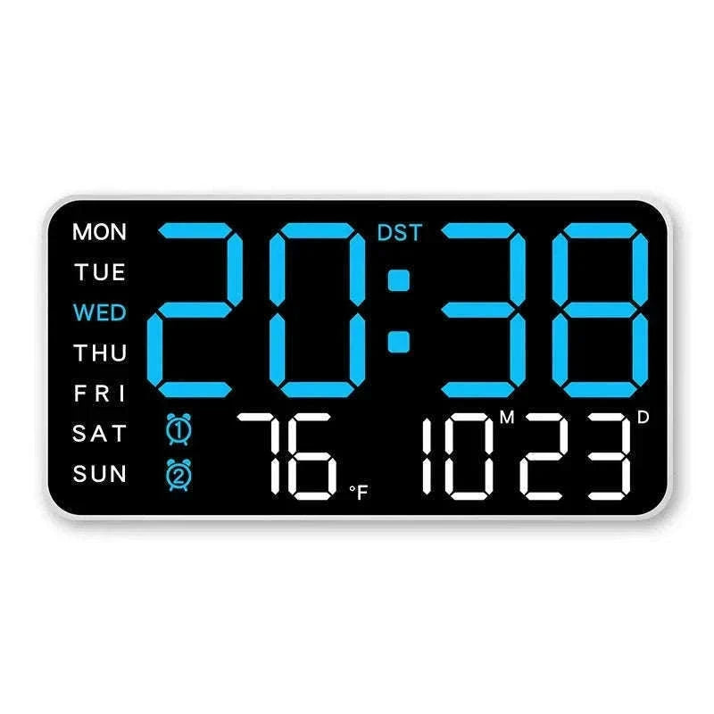 Large LED Digital Wall Clock with Temperature, Date & Remote Control-blue