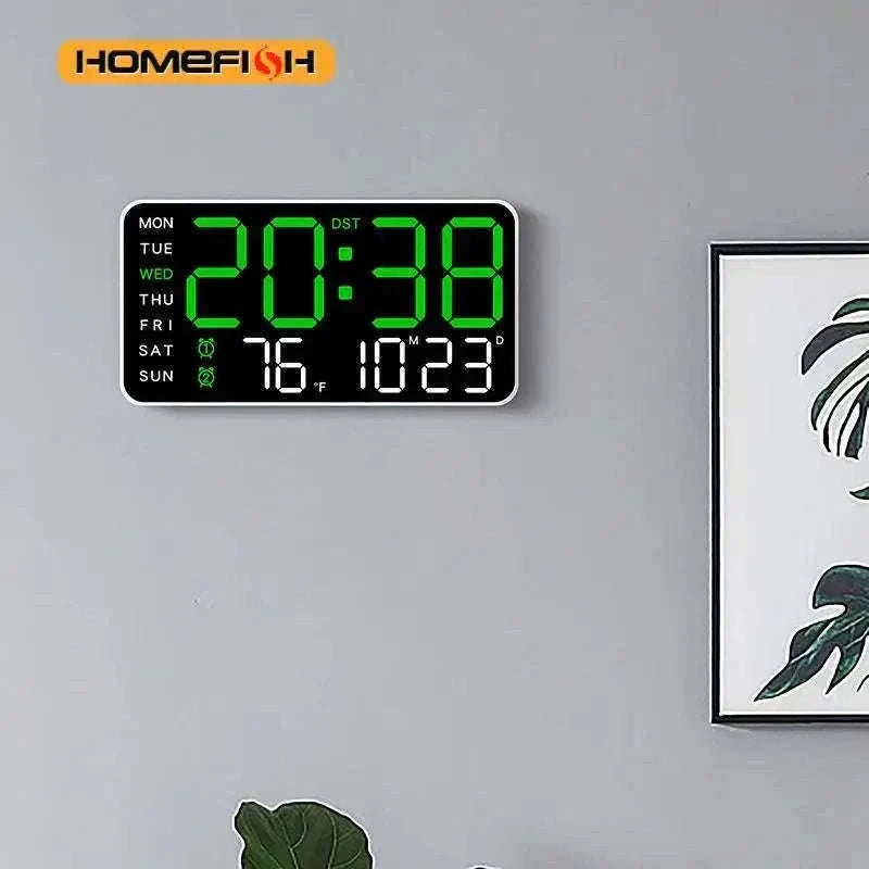 Large LED Digital Wall Clock with Temperature, Date & Remote Control-blue