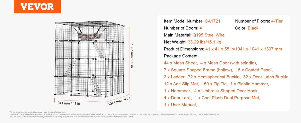 Large Metal Cat Cage with Front Doors, Hammock, Ramp and Ladders-41x41x55inch / CZECH REPUBLIC