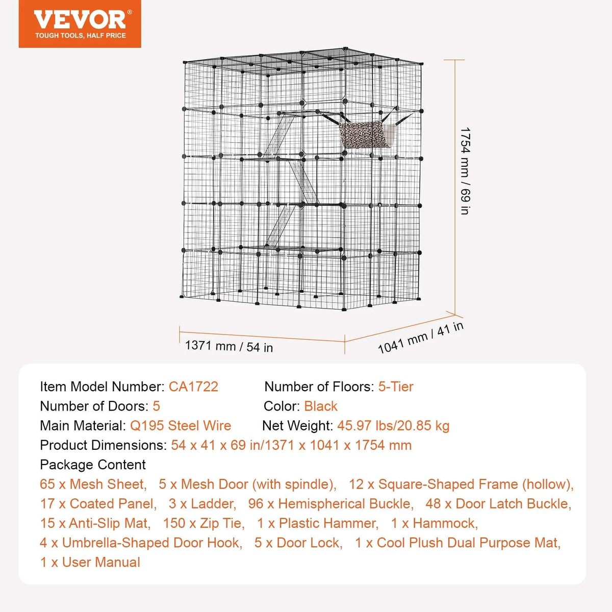 Large Metal Cat Cage with Front Doors, Hammock, Ramp and Ladders-41x41x55inch / CZECH REPUBLIC