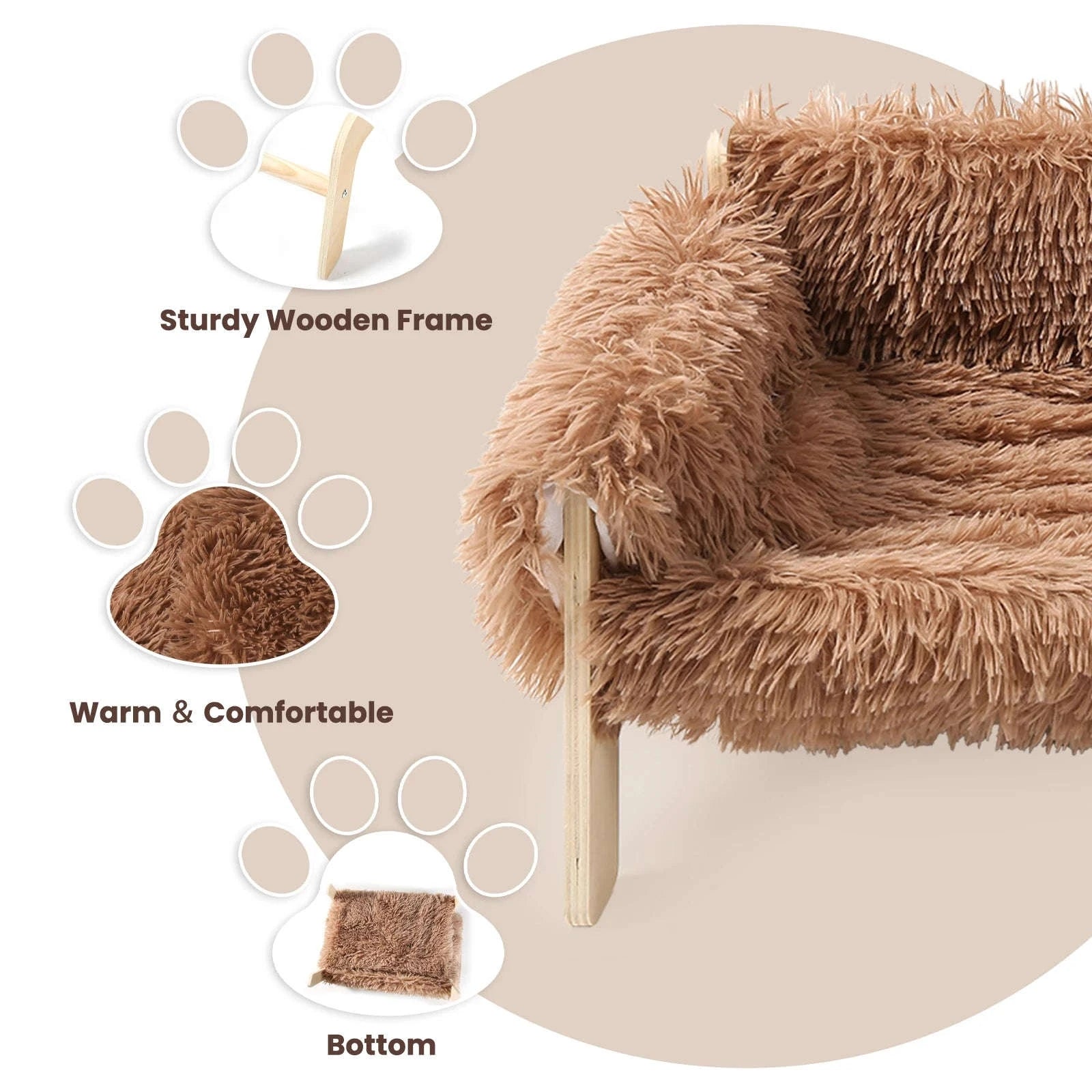 Large Raised Plush Cat Sofa Bed with Wooden Legs-Brown / United Kingdom