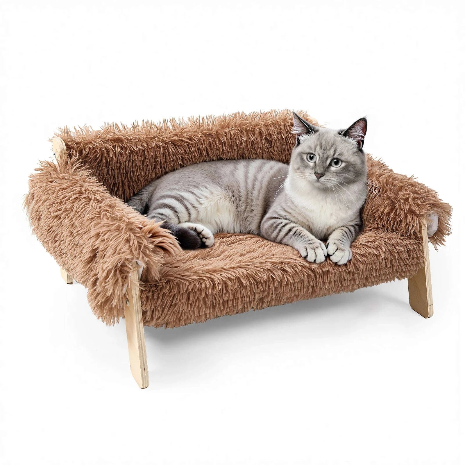 Large Raised Plush Cat Sofa Bed with Wooden Legs-Brown / United Kingdom